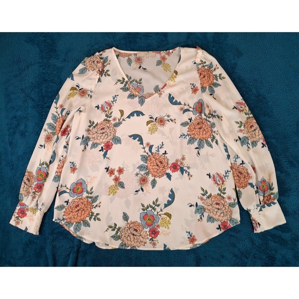 LOFT Women's Size Large White Floral V-Neck Puff Sleeve Blouse Elastic Cuff